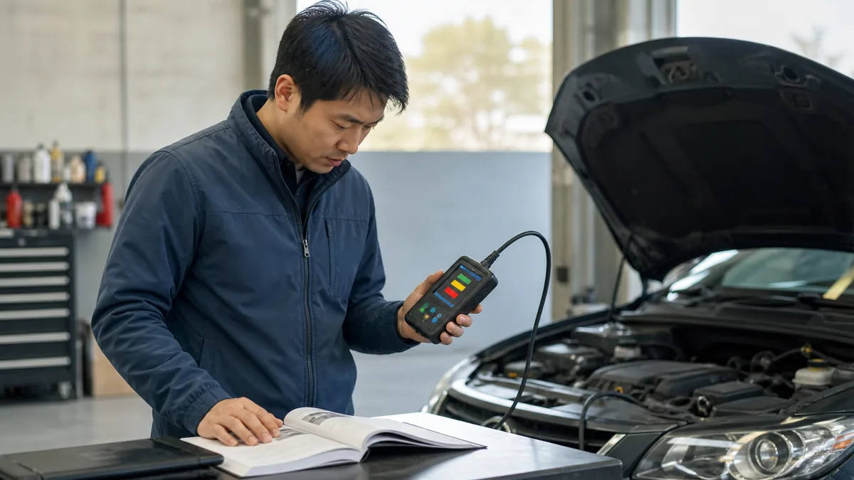 자동차 OBD 스캐너의 결과와 차량 사용설명서를 함께 확인하는 모습
