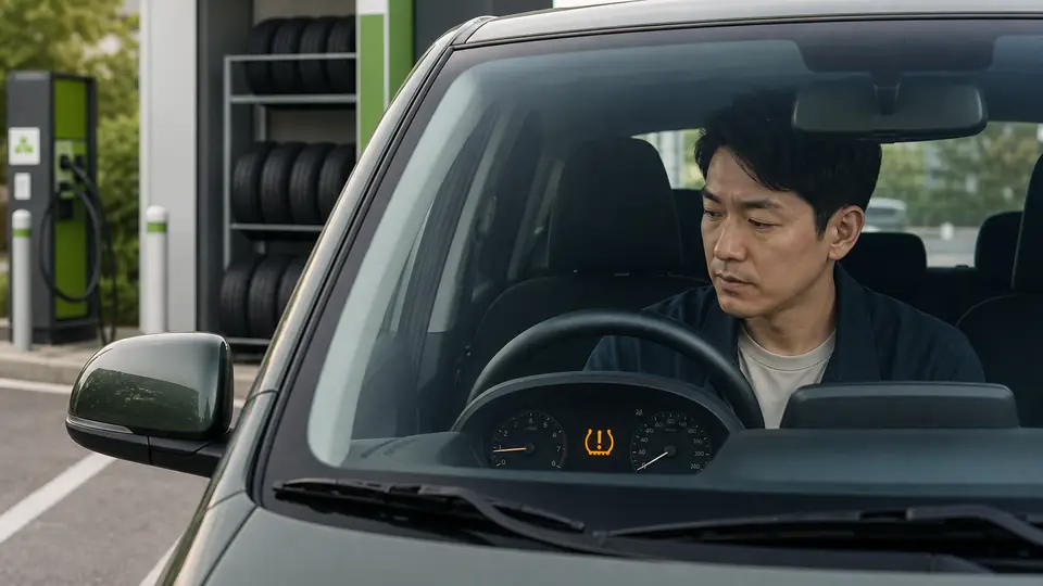 안전한 곳에 정차한 자동차 계기판에 타이어 공기압 경고등이 켜진 모습